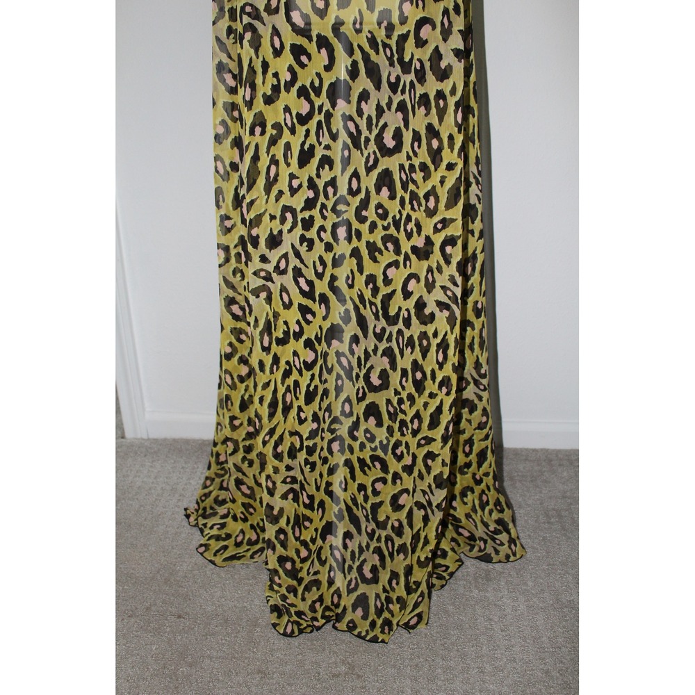 H&M Women's Leopard Halter Maxi Dress Gold Embroidered Chartreuse Sleeveless M/L - Picture 4 of 11